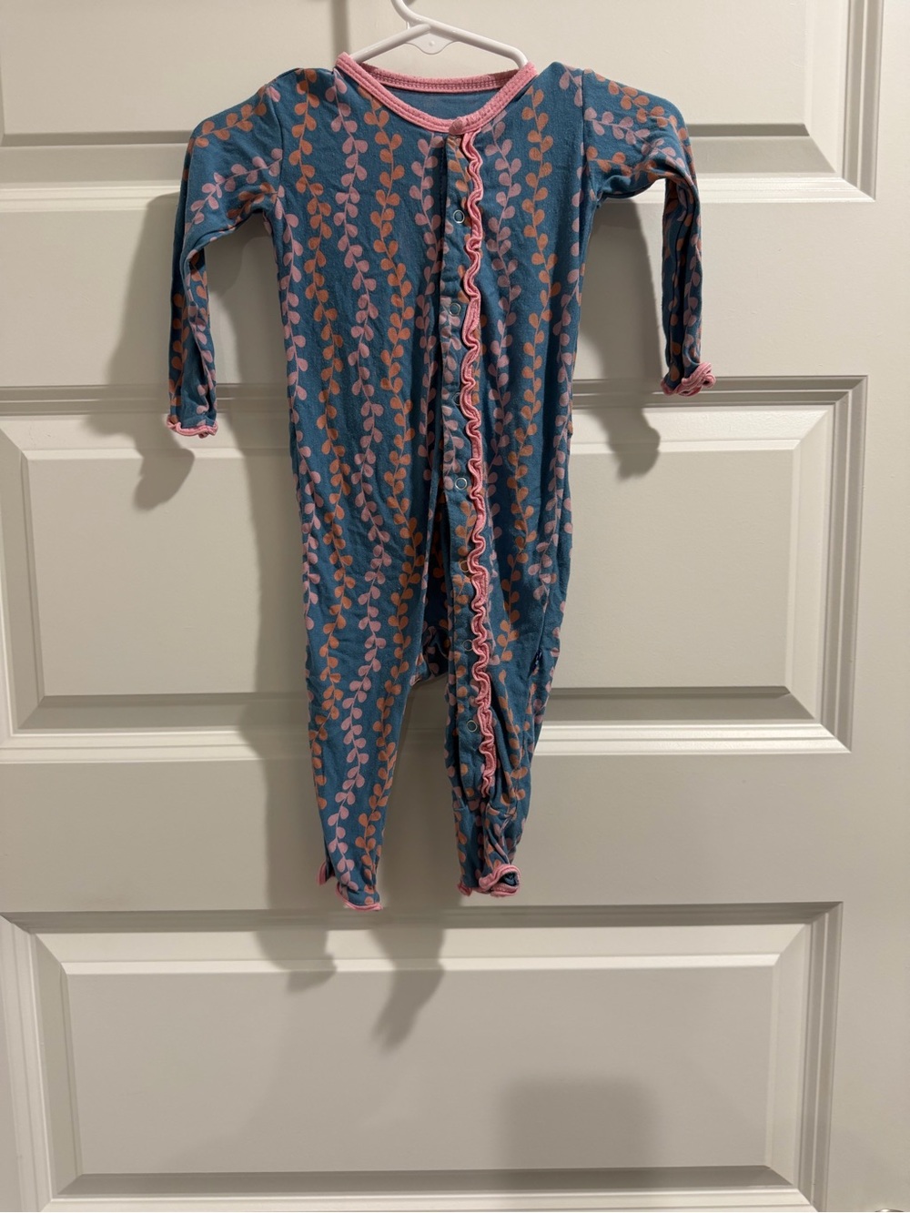 Kickee Pants Blue Footie with Pink Leaf Print
